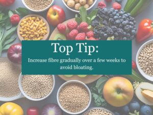 Bowl of fruits, vegetables, legumes, and grains with a health tip overlay about increasing fibre gradually