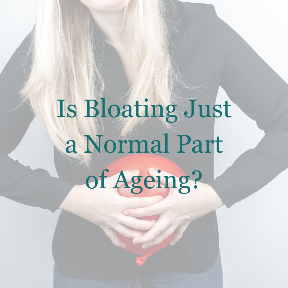 Woman holding stomach, bloating after 50 question overlayed